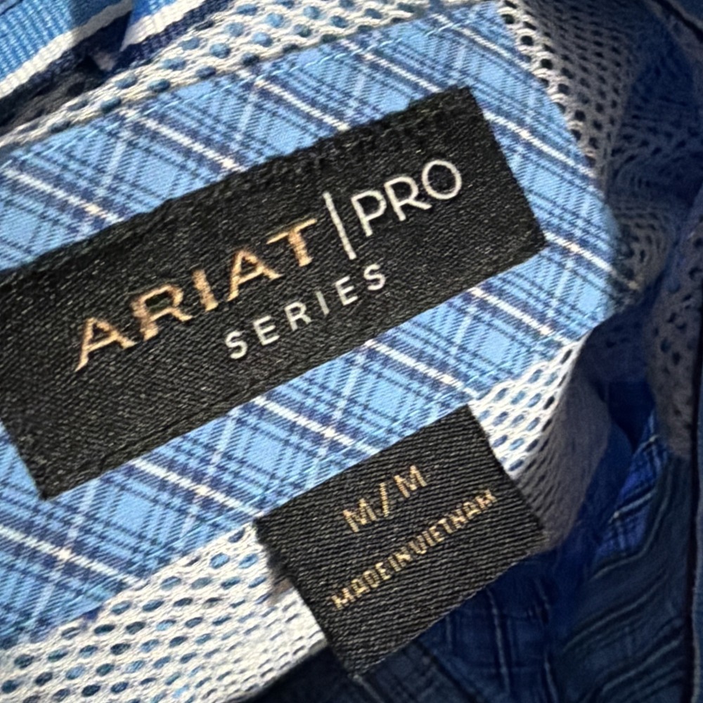 Ariat Pro Series Men's Button Down Shirt M Blue Plaid Long Sleeve Pocket - Picture 5 of 12